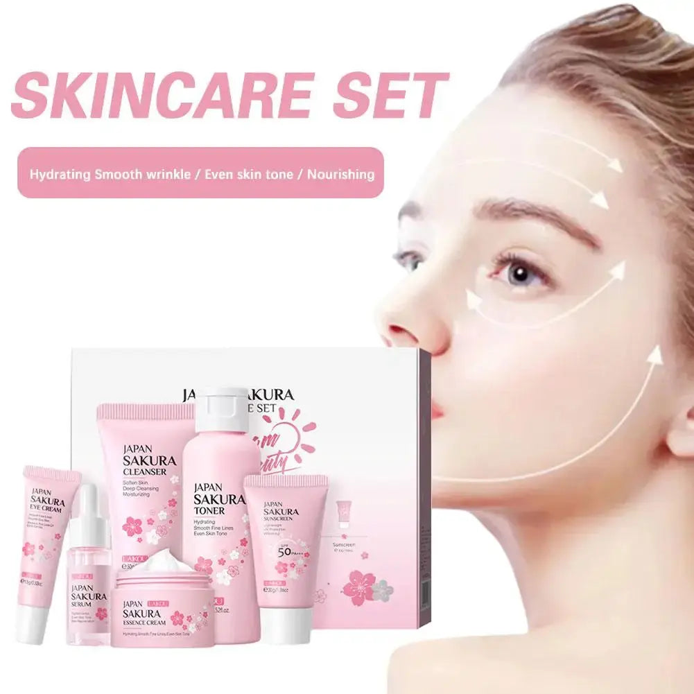 6Pcs Sakura Skin Care Set – Face Cream, Serum, Toner & Cleanser Gift Box NNOS