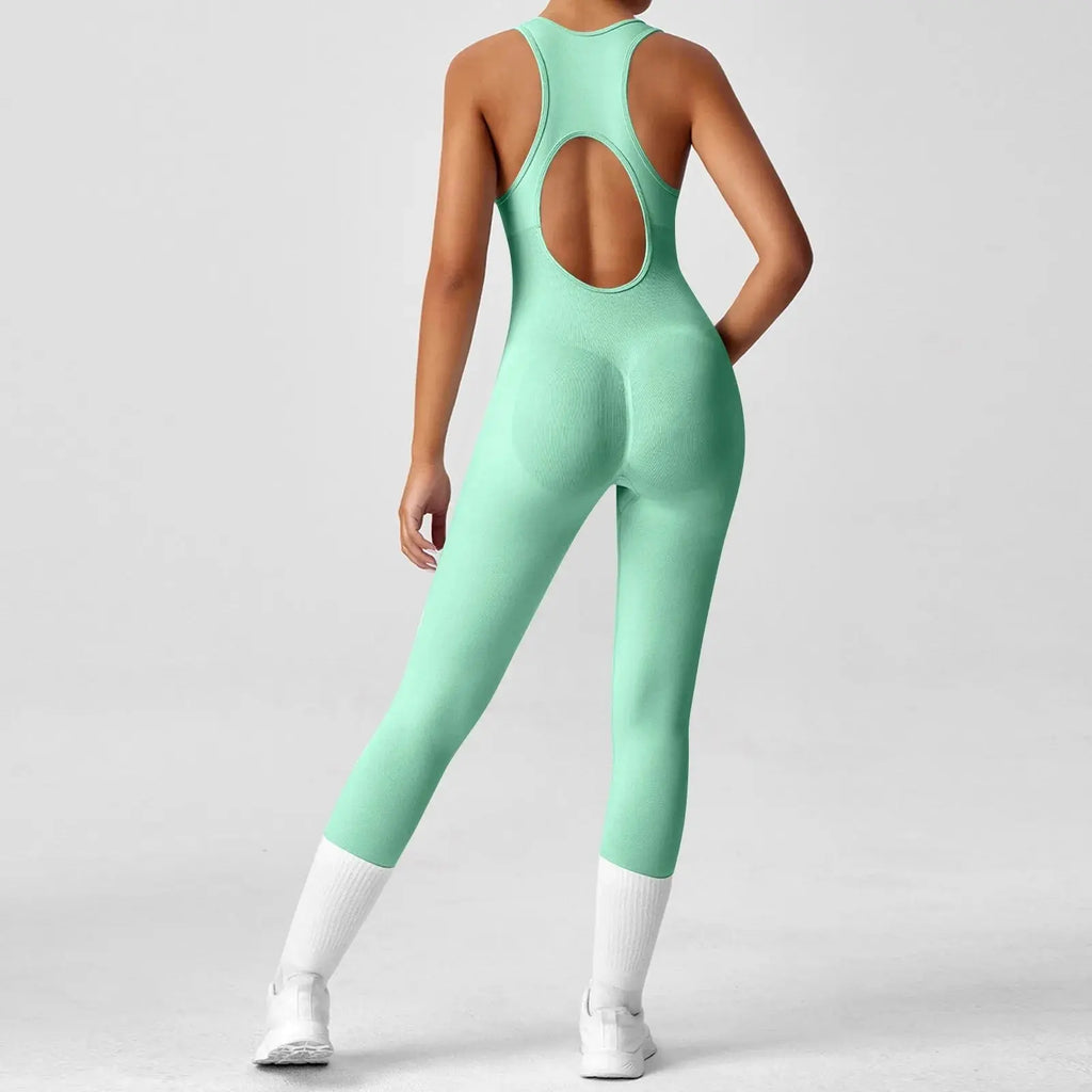 Ladies' Solid Color round Neck Sleeveless Yoga Jumpsuit Breathable Front Zipper Soft Comfy Fitness Calf-Length Sporty Summer NNOS