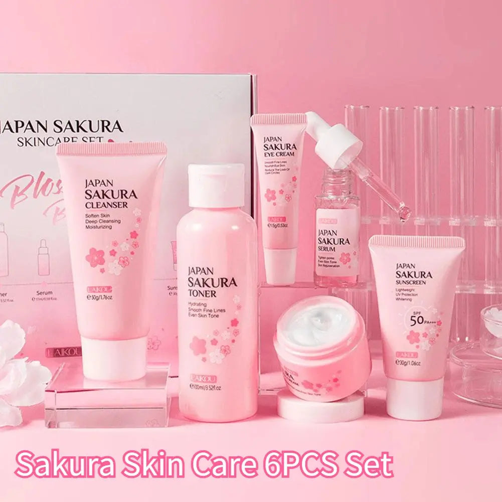 6Pcs Sakura Skin Care Set – Face Cream, Serum, Toner & Cleanser Gift Box NNOS