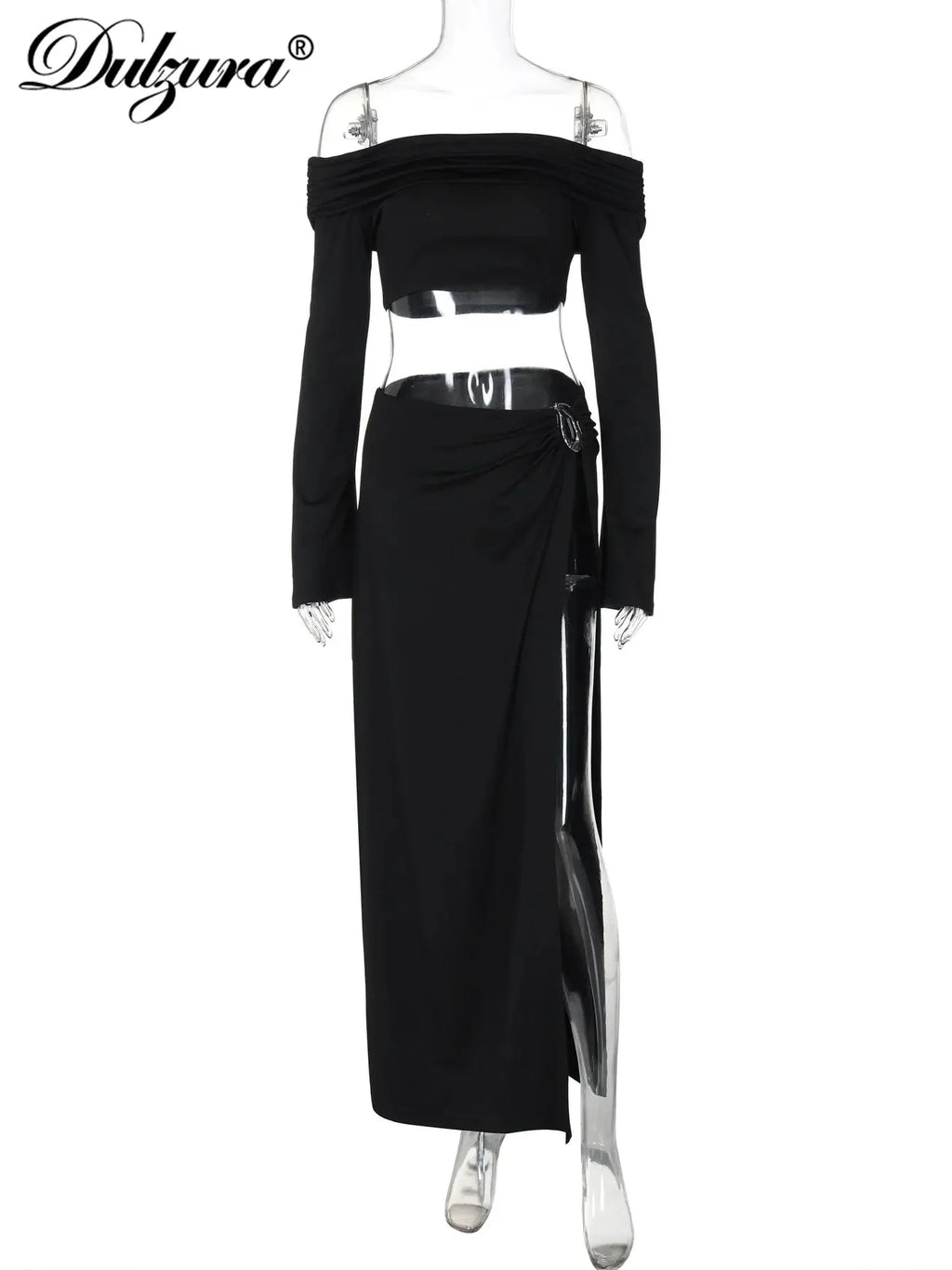 Dulzura Sexy 2-Piece Skirt Set – Off-Shoulder Ruched Crop Top & Slit Maxi Skirt NNOS