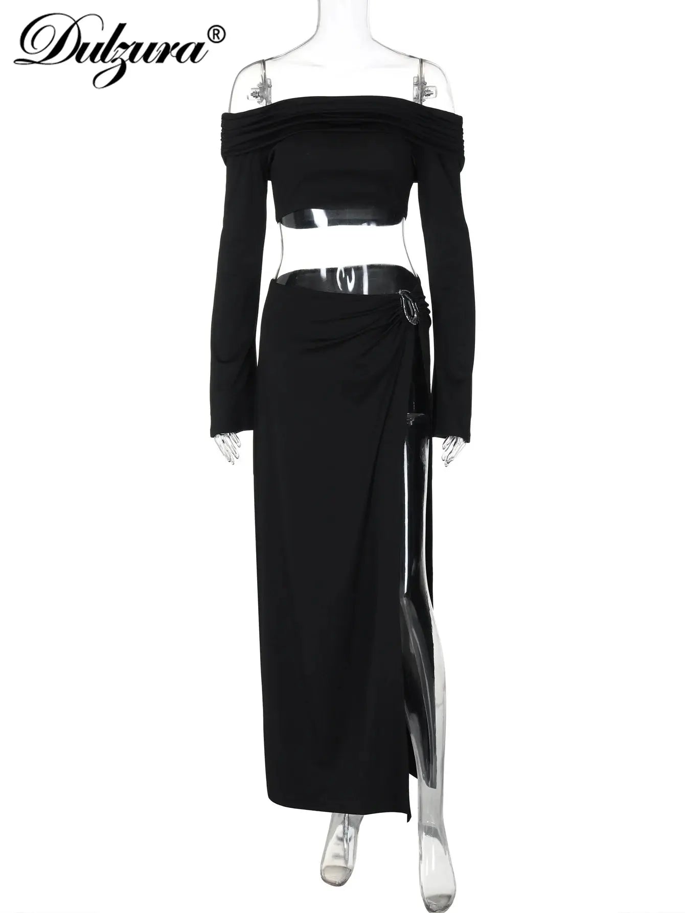 Dulzura Sexy 2-Piece Skirt Set – Off-Shoulder Ruched Crop Top & Slit Maxi Skirt NNOS