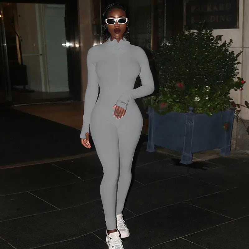 Women's Ribbed Rompers Long Sleeve Fitness Jumpsuit Embroidery Lucky Label Letter Zipper Streetwear Active Wear for Workout NNOS
