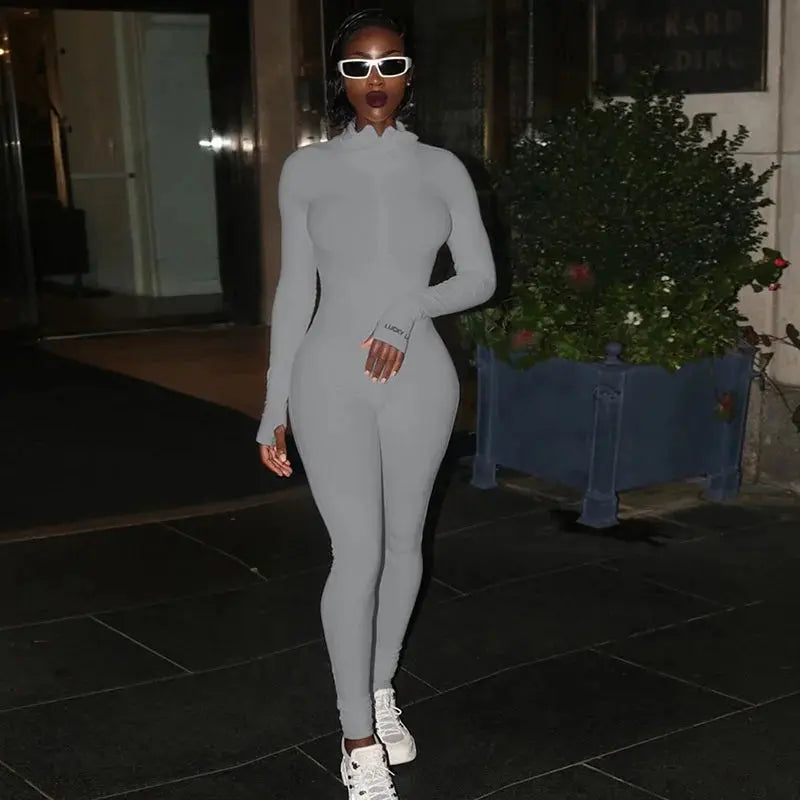 Women's Ribbed Rompers Long Sleeve Fitness Jumpsuit Embroidery Lucky Label Letter Zipper Streetwear Active Wear for Workout NNOS