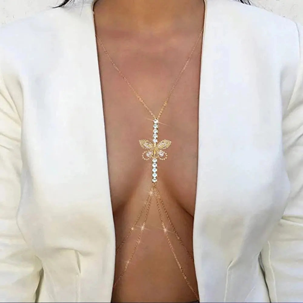 Stonefans Zircon Butterfly Chest Chain Rave Jewelry Festival Crystal Outfit Beach Summer Sexy Bra Chain Necklace Women Clothing NNOS
