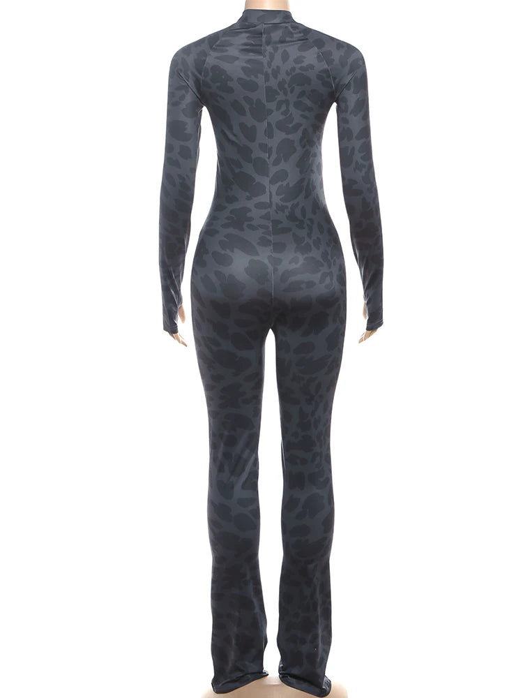 Women's Sexy Fashion Leopard Print Jumpsuit with Zip Cardigan Design Full Sleeve Slim Fit High Waist Ankle-Length Overalls
