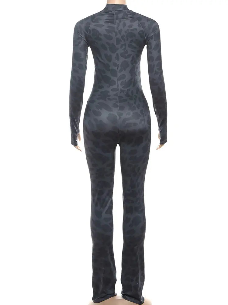 Women's Sexy Fashion Leopard Print Jumpsuit with Zip Cardigan Design Full Sleeve Slim Fit High Waist Ankle-Length Overalls NNOS
