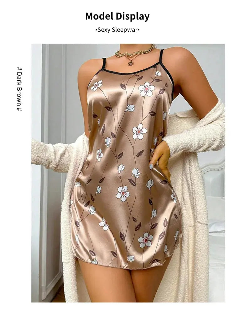 Women's Sleepdress Satin Floral Print Nightdress Comfortable Spaghetti Strap Sleepwear Dress Luxurious Satin Slip Nightdress NNOS