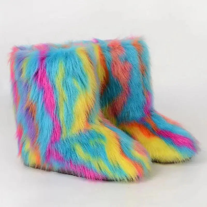 Y2K Fluffy Mid-calf Boots Winter Women Fashion Snow Boots Warm Cotton Shoes NNOS