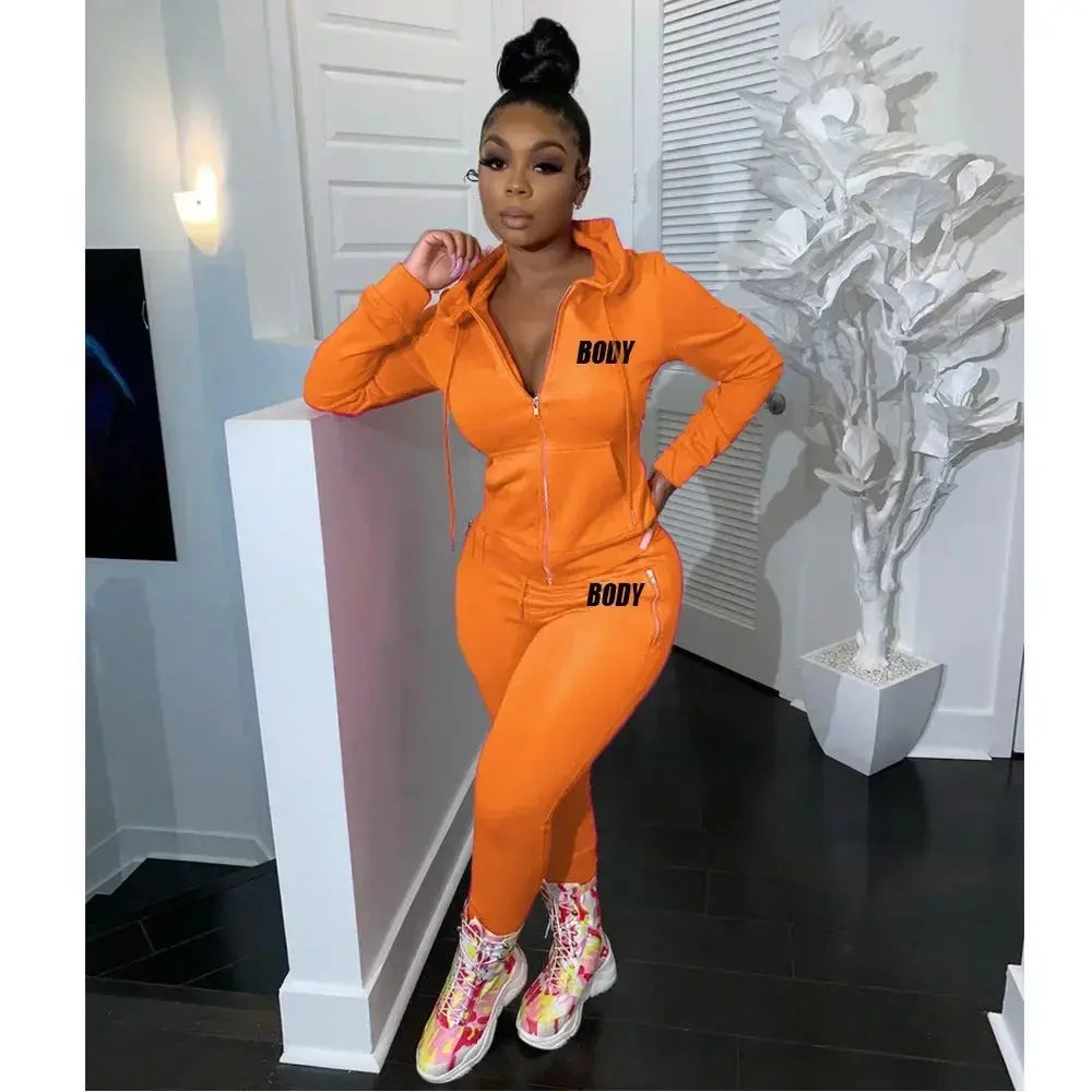 Women's Spring Winter 2 Piece Set Zipper Fly Hoodie And Pants Outfit High Stretch Polyester Spandex Body Letter Tracksuit Sweatsuit NNOS