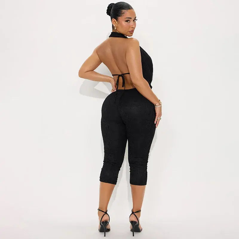 Joskaa 2025 Summer Lace Swing Collar Capri Pants Jumpsuits Women Sexy Halter Backless Bandage Skinny Rompers Midnight Clubwear NNOS