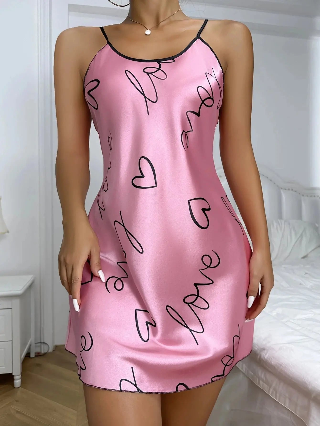 Heart Letter Print Nightdress Casual Round Neck Spaghetti Strap Sleep Dress Women's Sleepwear Dresses NNOS