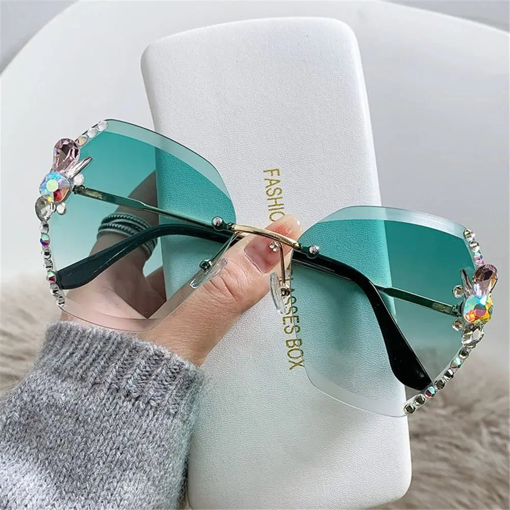 UV400 Rimless Rhinestone Sunglasses for Women – Shiny Diamond Cutting Lens Frameless Fashion Sunglasses NNOS