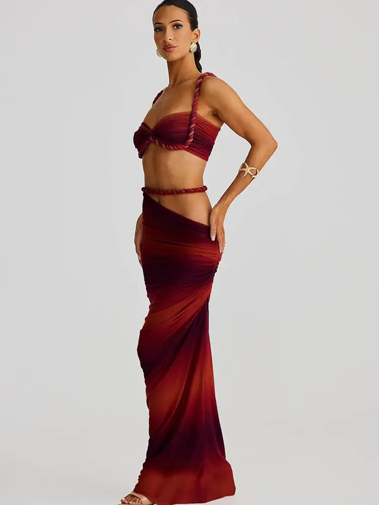 CuteNew Women’s 2-Piece Set – Pleated Crop Cami & Shirred High-Waist Maxi Skirt NNOS