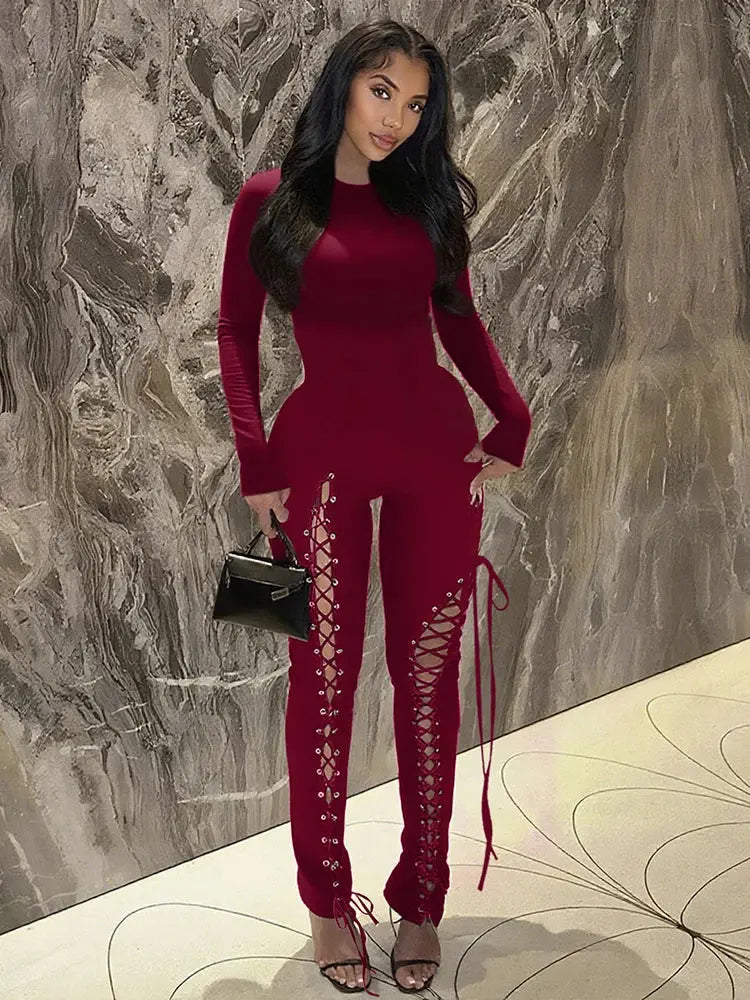 Sexy Fall Jumpsuits for Women DIY Shirring O-Neck Full Sleeve Stretch Polyester Slim Fit Ankle-Length Party Clubwear NNOS