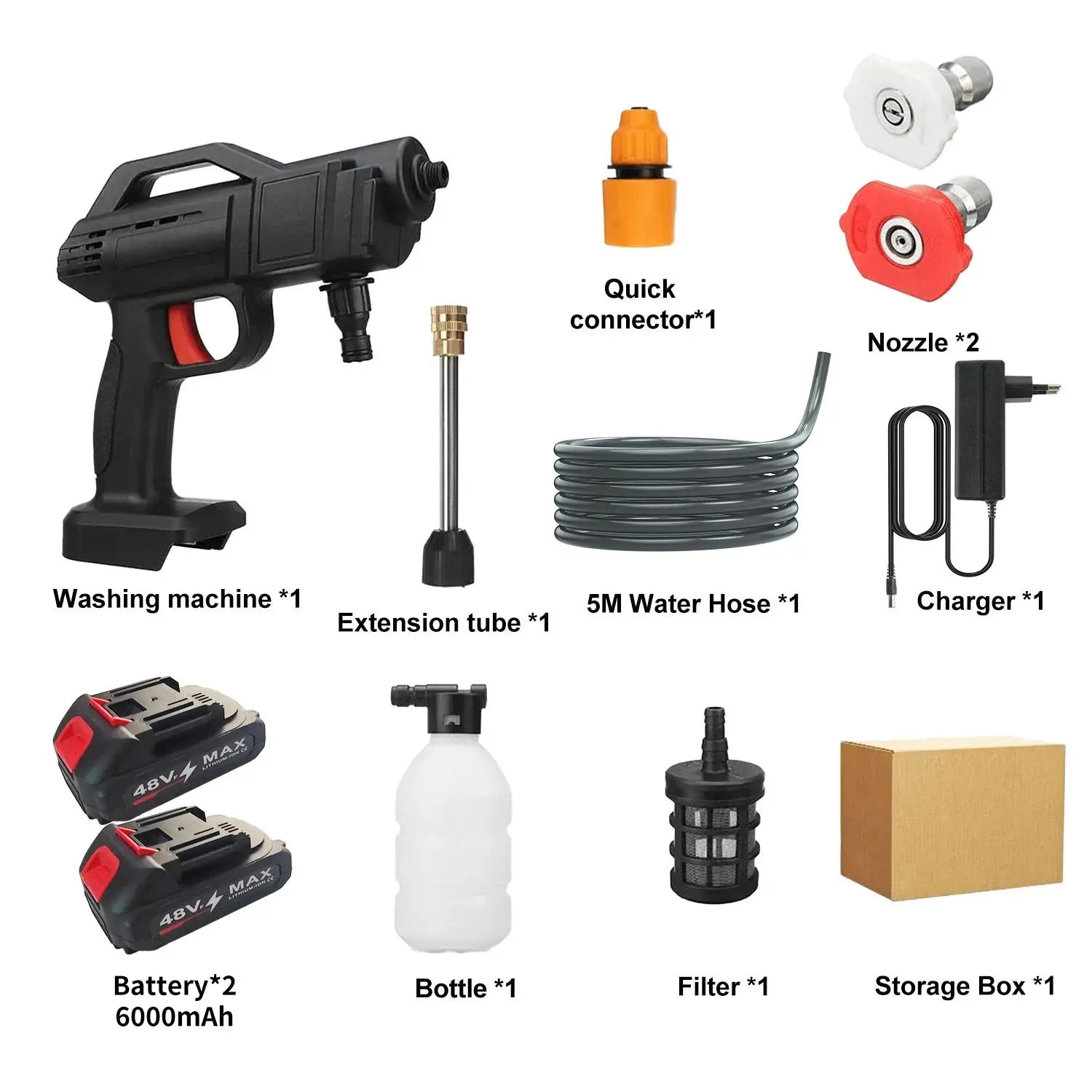 1500W Cordless High-Pressure Water Gun for Car Wash 40-50 Bar Foam Maker Auto Home Garden Cleaning Machine with 5M Hose NNOS