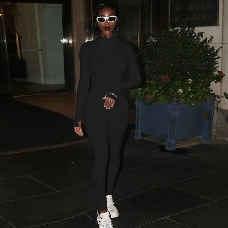 Women's Ribbed Rompers Long Sleeve Fitness Jumpsuit Embroidery Lucky Label Letter Zipper Streetwear Active Wear for Workout NNOS