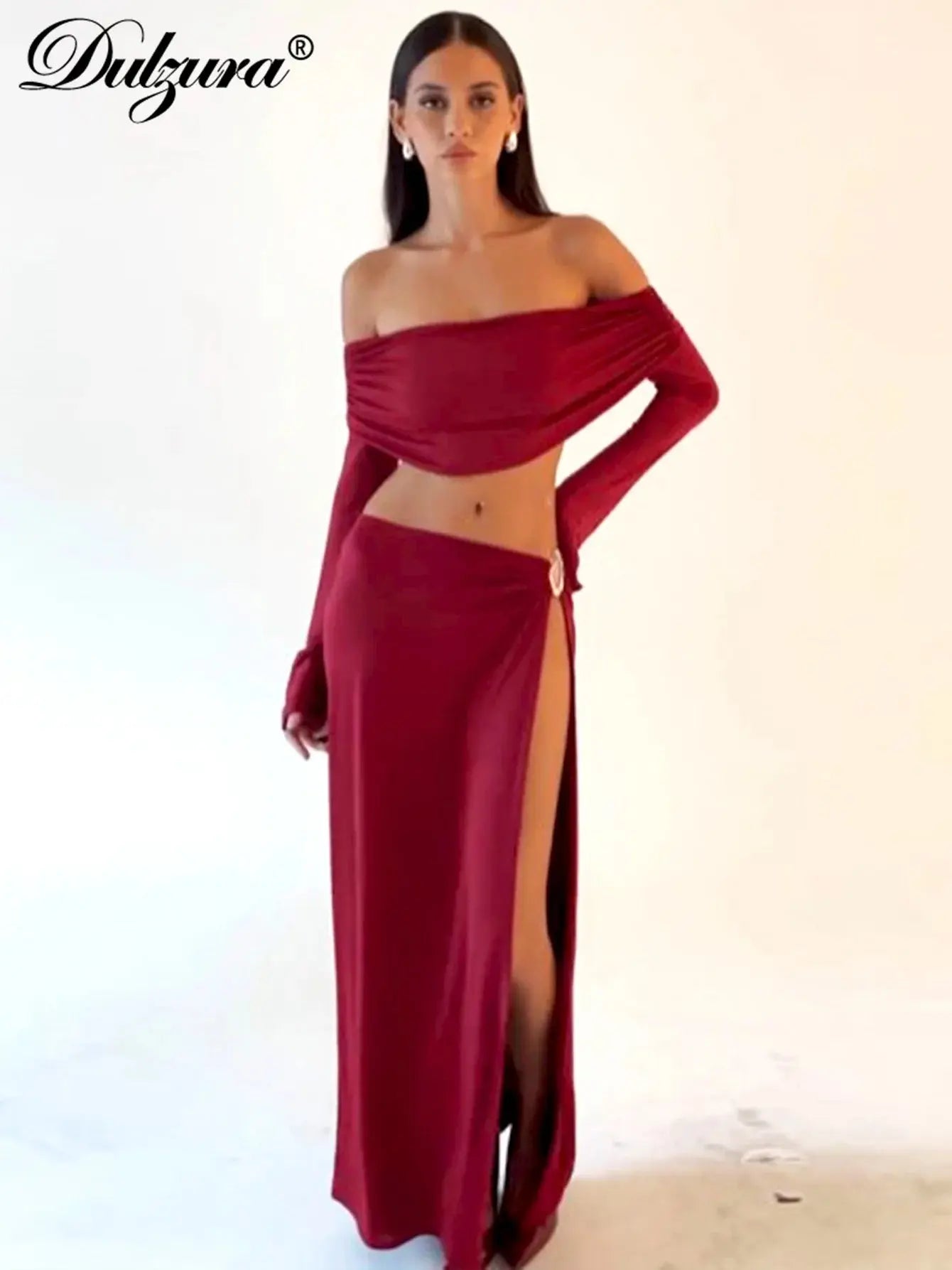 Dulzura Sexy 2-Piece Skirt Set – Off-Shoulder Ruched Crop Top & Slit Maxi Skirt NNOS