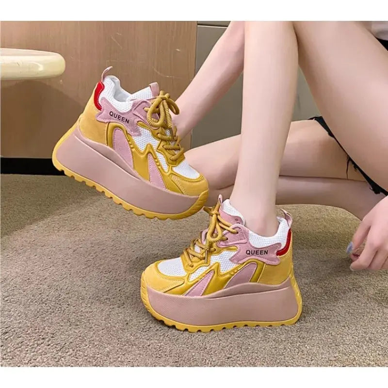 10CM Genuine Leather Platform Wedge Fashion Women Spring Summer Comfy Breathable Autumn Chunky Sneakers Vulcanize Shoes NNOS