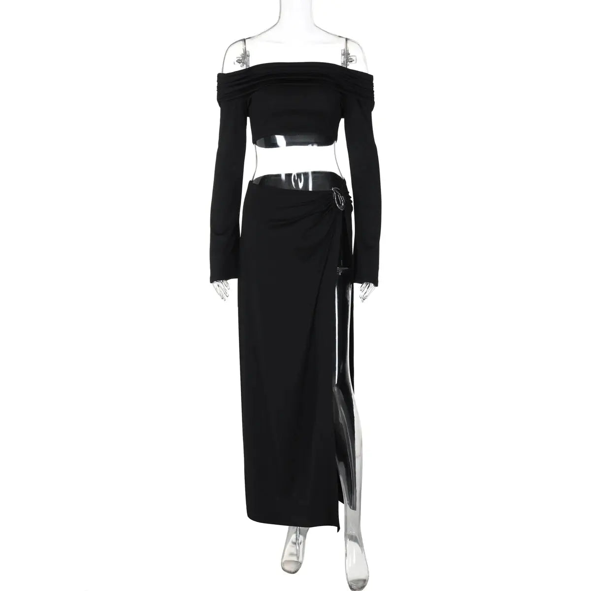 Dulzura Sexy 2-Piece Skirt Set – Off-Shoulder Ruched Crop Top & Slit Maxi Skirt NNOS