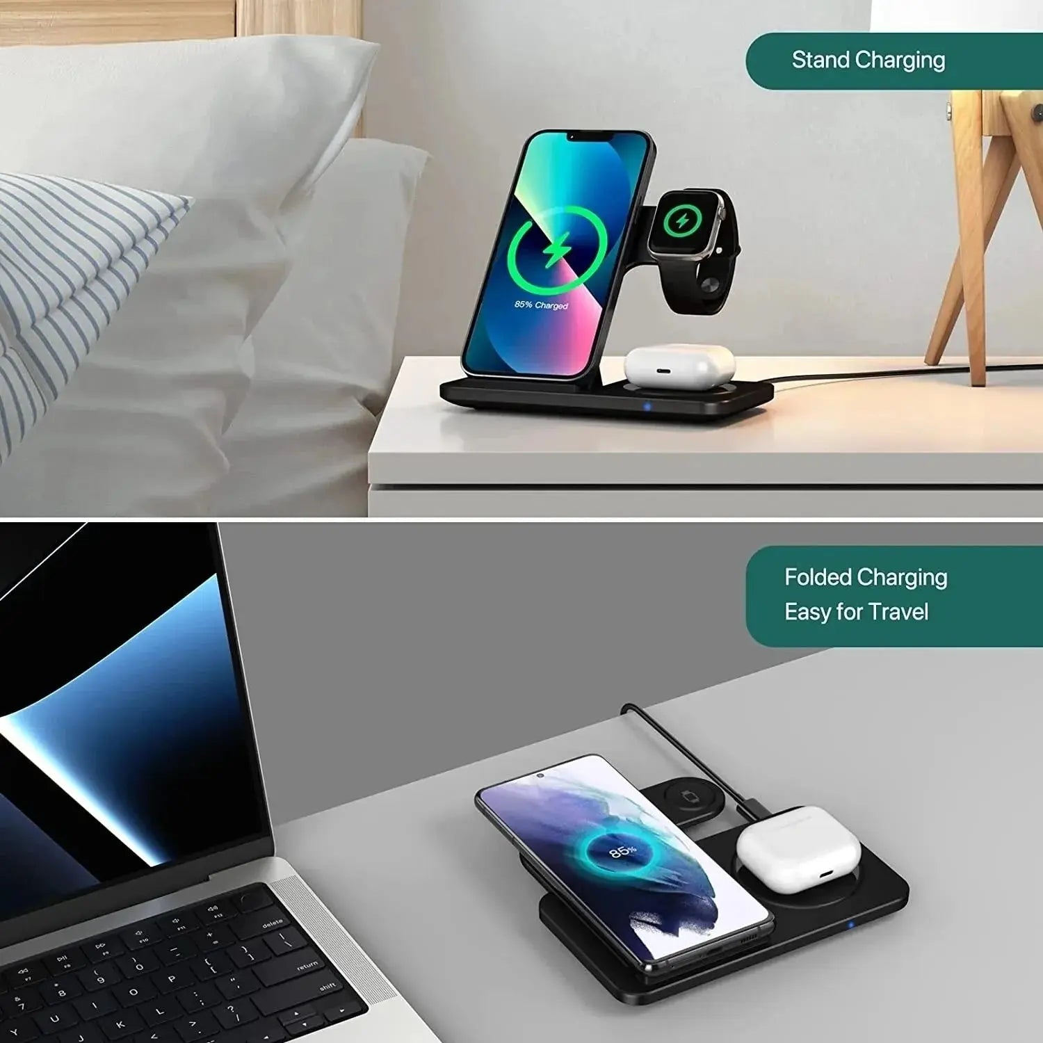 3 in 1 Wireless Charger Stand Pad For iPhone 15 14 13 12 X Max Foldable Fast Charging Station Dock For IWatch 8 7 SE AirPods Pro NNOS