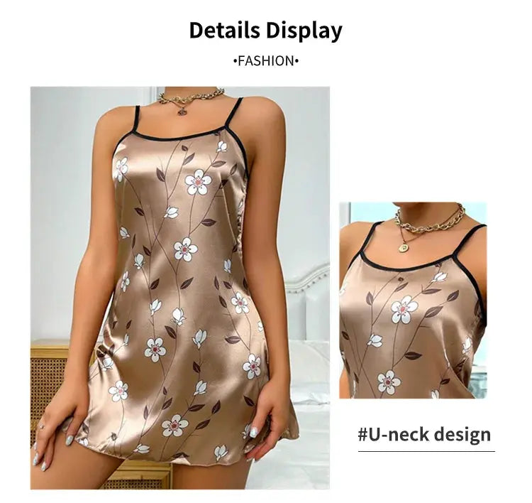 Women's Sleepdress Satin Floral Print Nightdress Comfortable Spaghetti Strap Sleepwear Dress Luxurious Satin Slip Nightdress NNOS