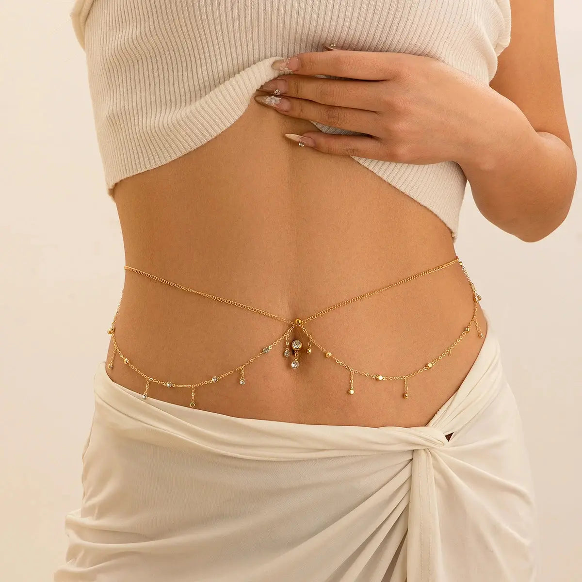 IngeSight.Z Simple Gold Color Stainless Steel Waist Chain for Women Classic Zircon Pendant Sexy Double Layer Body Chain Jewelry NNOS