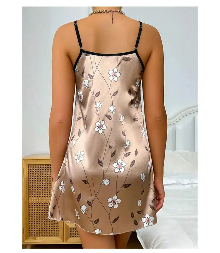 Women's Sleepdress Satin Floral Print Nightdress Comfortable Spaghetti Strap Sleepwear Dress Luxurious Satin Slip Nightdress NNOS
