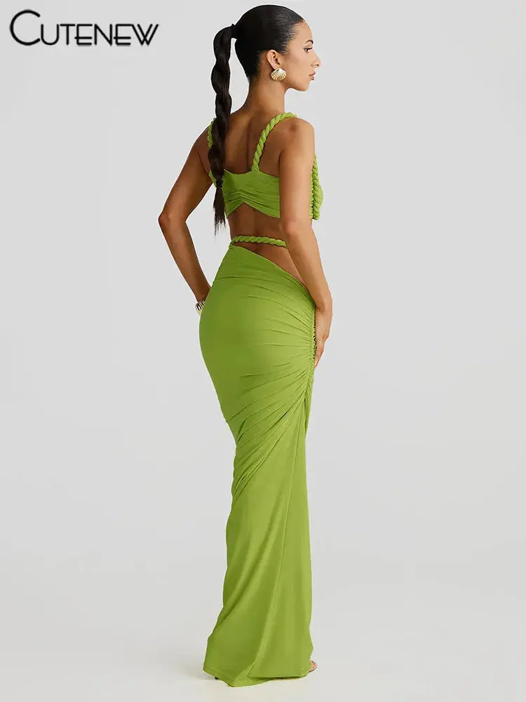 CuteNew Women’s 2-Piece Set – Pleated Crop Cami & Shirred High-Waist Maxi Skirt NNOS