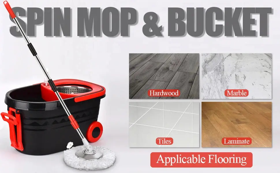 Black Spin Mop Bucket Sets Wrings System, Bucket with Wheels Extendable and Adjustable Handle, 3 Replacement Mop Refills NNOS