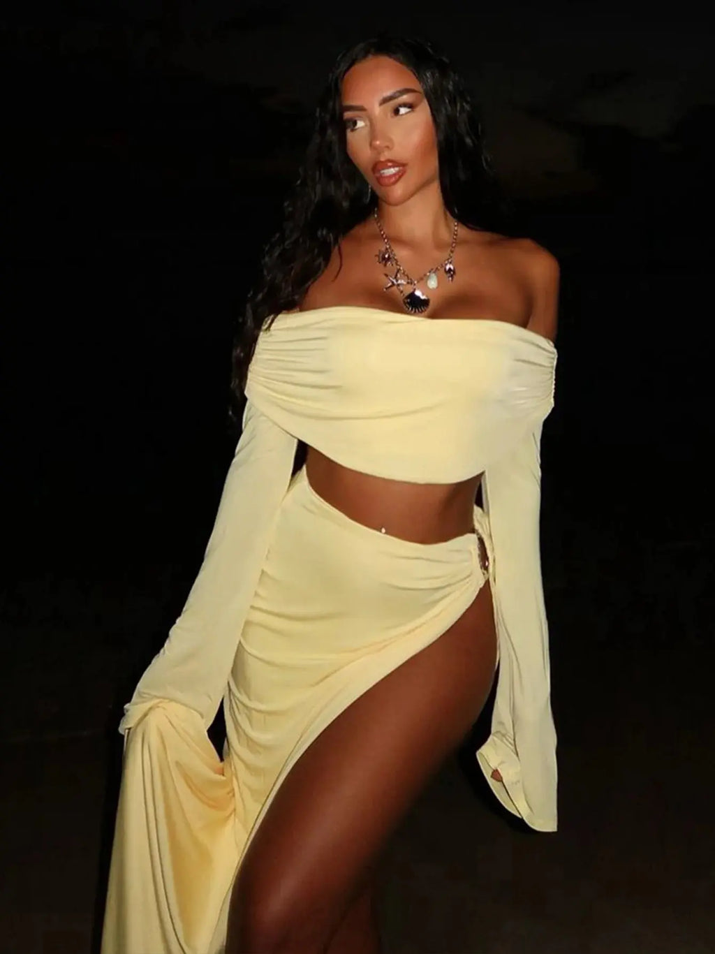 Dulzura Sexy 2-Piece Skirt Set – Off-Shoulder Ruched Crop Top & Slit Maxi Skirt NNOS