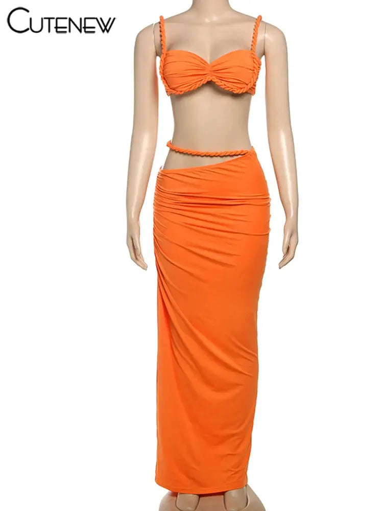 CuteNew Women’s 2-Piece Set – Pleated Crop Cami & Shirred High-Waist Maxi Skirt NNOS