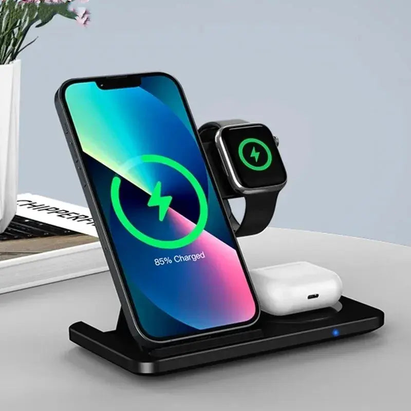 3 in 1 Wireless Charger Stand Pad For iPhone 15 14 13 12 X Max Foldable Fast Charging Station Dock For IWatch 8 7 SE AirPods Pro product image
