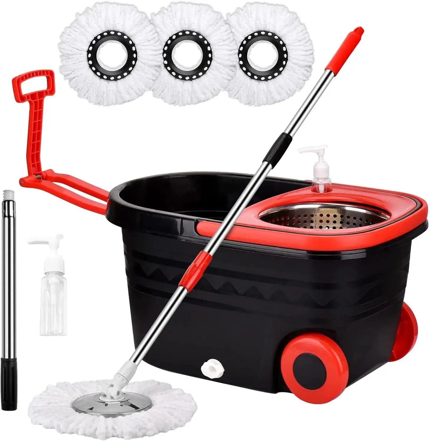 Black Spin Mop Bucket Sets Wrings System, Bucket with Wheels Extendable and Adjustable Handle, 3 Replacement Mop Refills NNOS