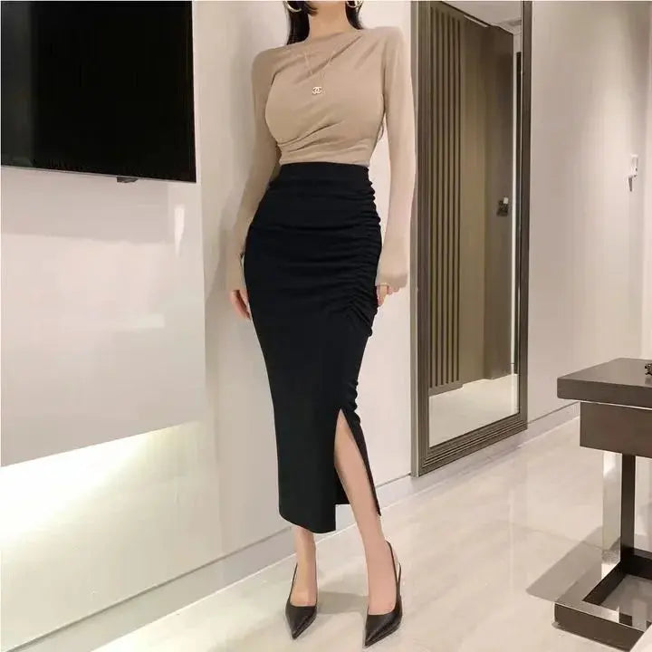 Korean Fashion Slim Fit Fishtail Skirt – Sexy Pleated Split Autumn Outfit NNOS