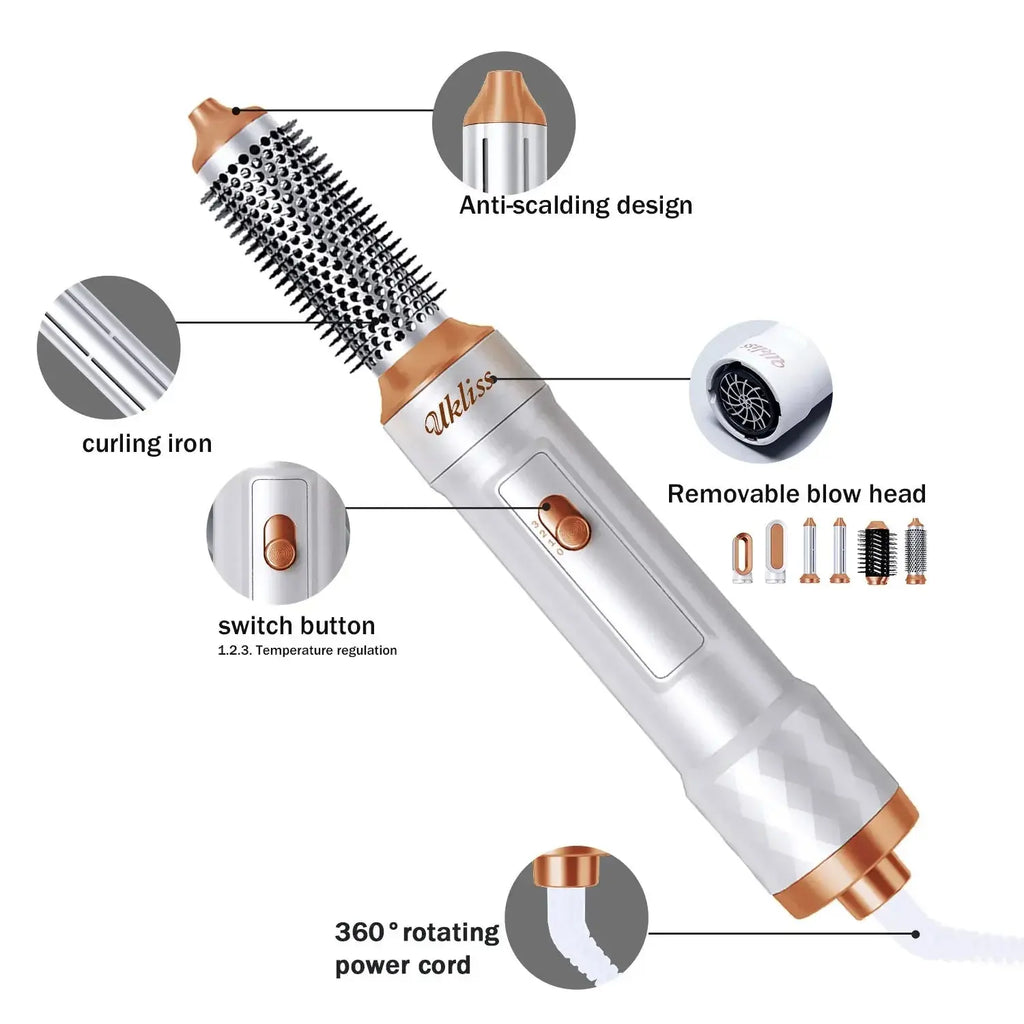Ukliss 6 In 1 Electric Hair Dryer Brush White gold Blow Dryer Comb Hair Curling Wand Detachable Brush Kit Negative Ion Curler NNOS