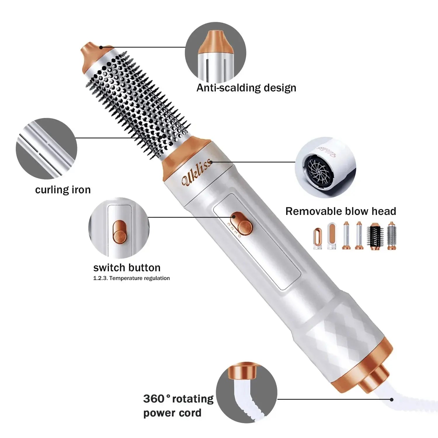 Ukliss 6 In 1 Electric Hair Dryer Brush White gold Blow Dryer Comb Hair Curling Wand Detachable Brush Kit Negative Ion Curler NNOS