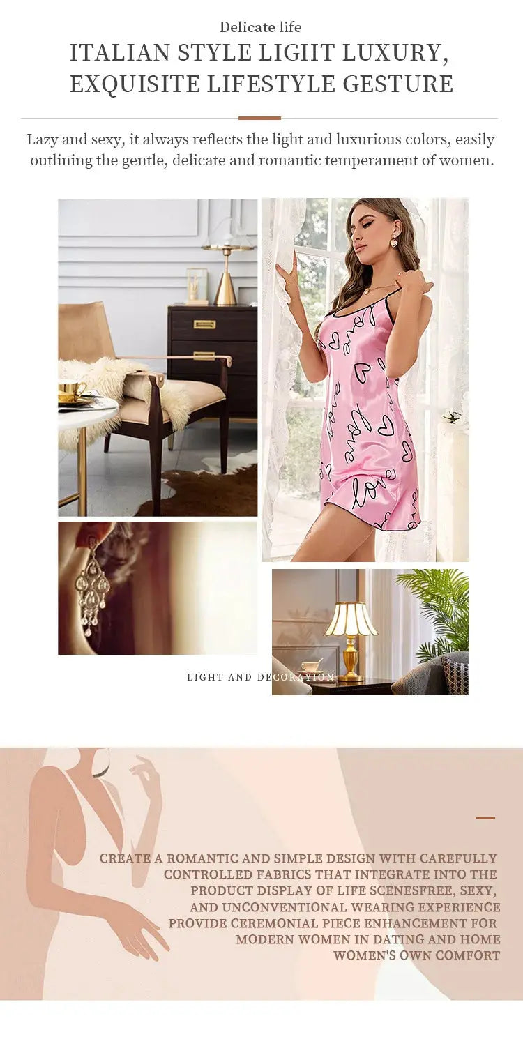 Heart Letter Print Nightdress Casual Round Neck Spaghetti Strap Sleep Dress Women's Sleepwear Dresses NNOS