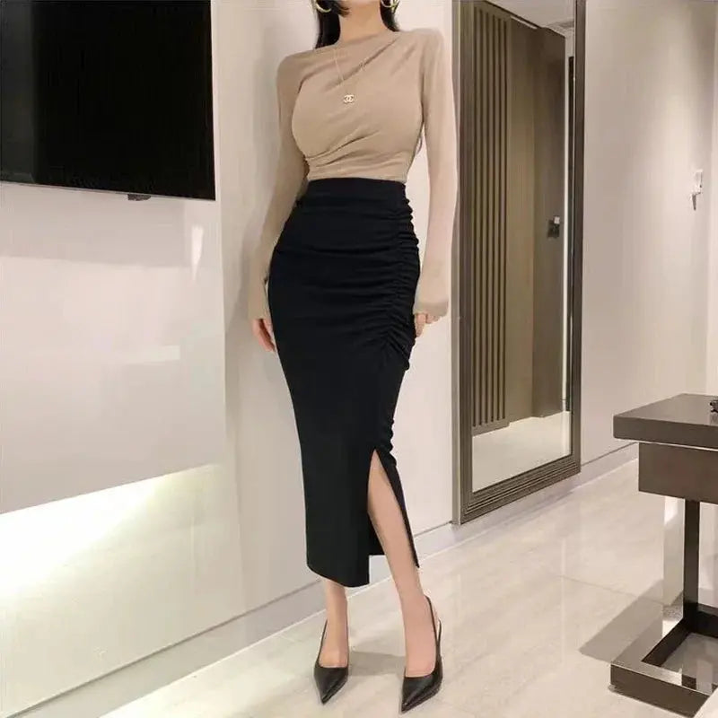 Korean Fashion Slim Fit Fishtail Skirt – Sexy Pleated Split Autumn Outfit NNOS