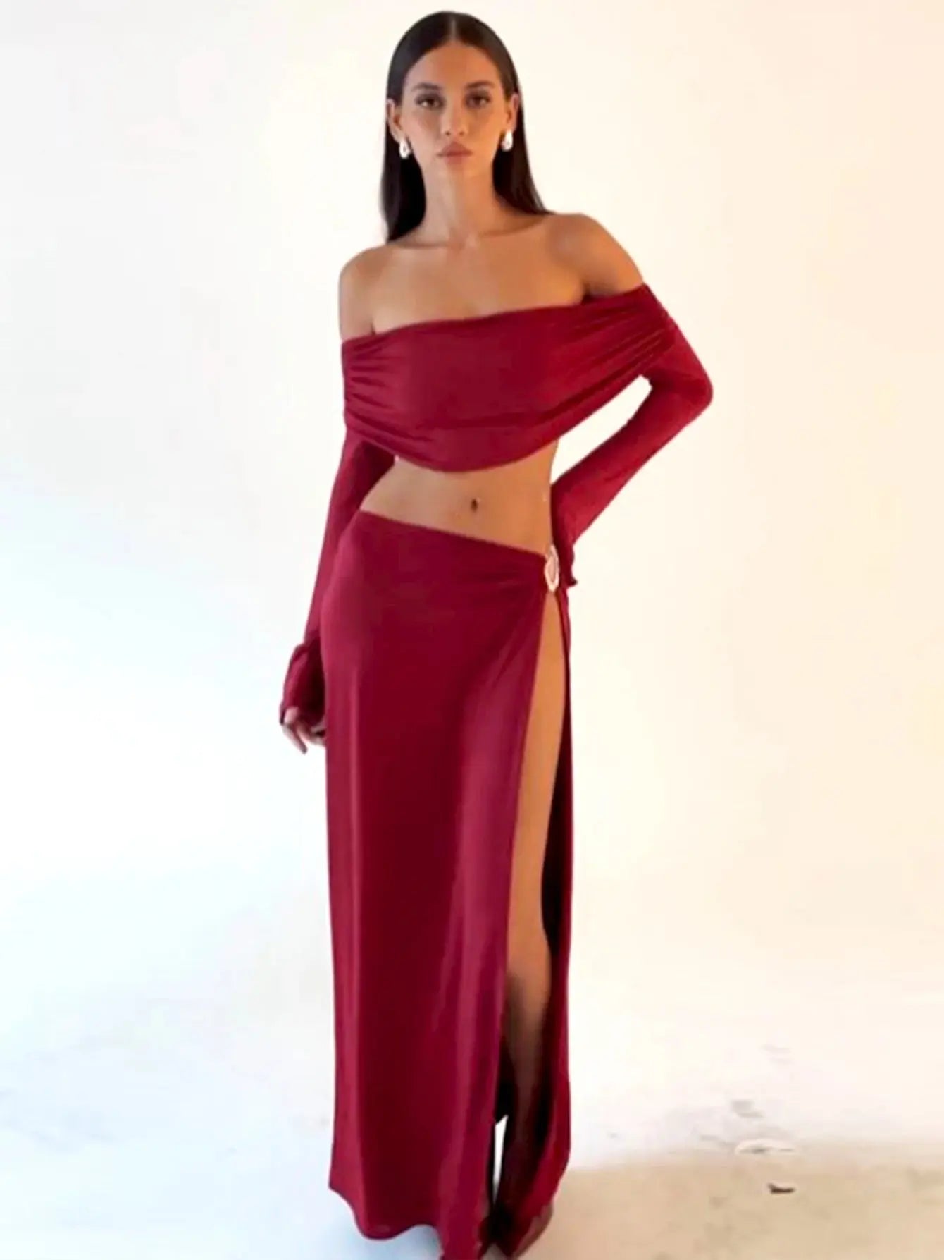 Dulzura Sexy 2-Piece Skirt Set – Off-Shoulder Ruched Crop Top & Slit Maxi Skirt NNOS