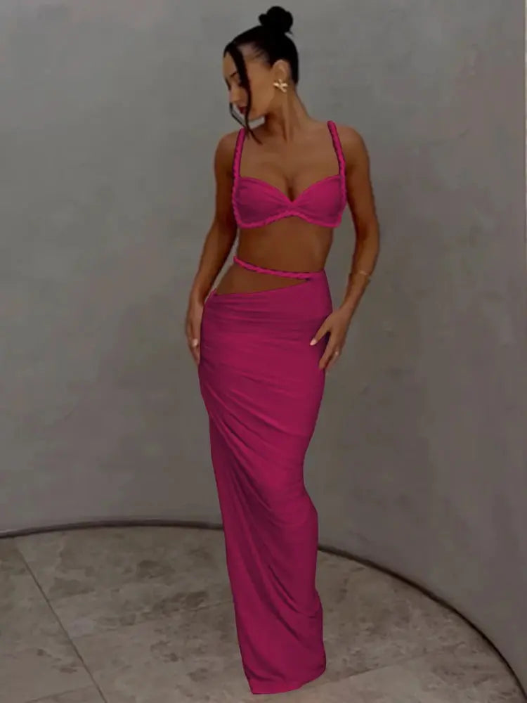 CuteNew Women’s 2-Piece Set – Pleated Crop Cami & Shirred High-Waist Maxi Skirt NNOS