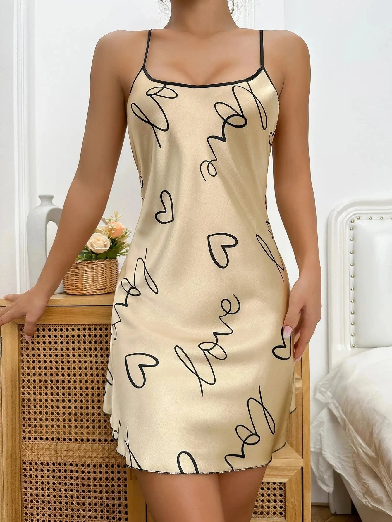 Heart Letter Print Nightdress Casual Round Neck Spaghetti Strap Sleep Dress Women's Sleepwear Dresses NNOS