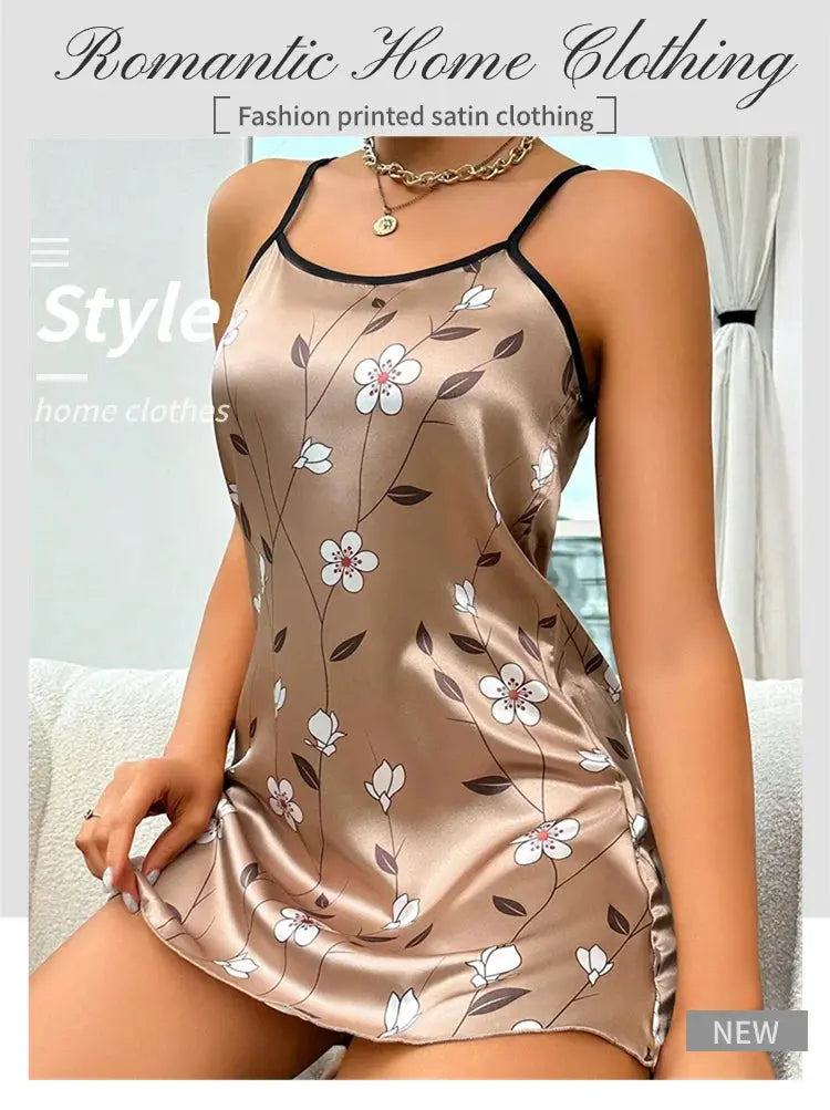 Women's Sleepdress Satin Floral Print Nightdress Comfortable Spaghetti Strap Sleepwear Dress Luxurious Satin Slip Nightdress NNOS