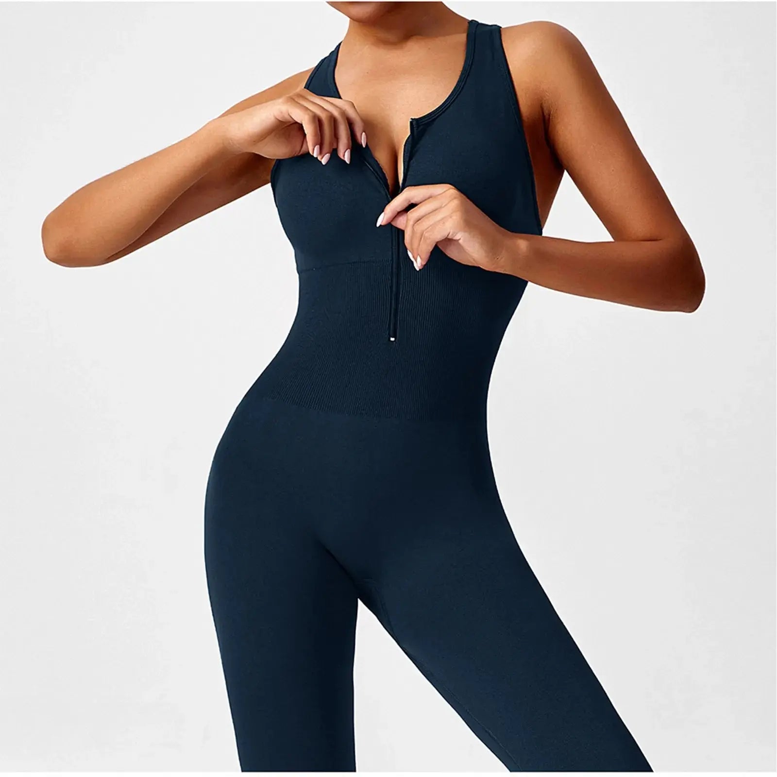 Ladies' Solid Color round Neck Sleeveless Yoga Jumpsuit Breathable Front Zipper Soft Comfy Fitness Calf-Length Sporty Summer NNOS