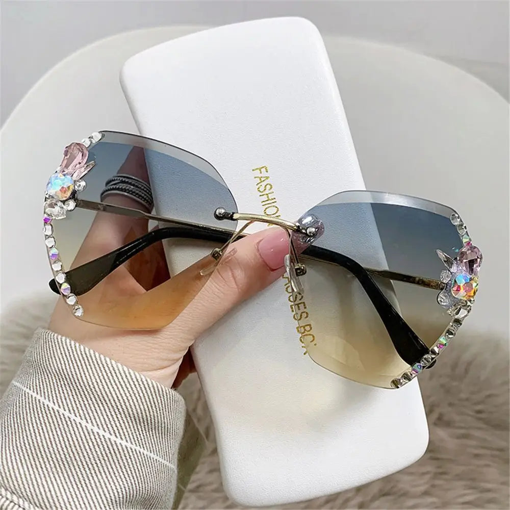 UV400 Rimless Rhinestone Sunglasses for Women – Shiny Diamond Cutting Lens Frameless Fashion Sunglasses NNOS
