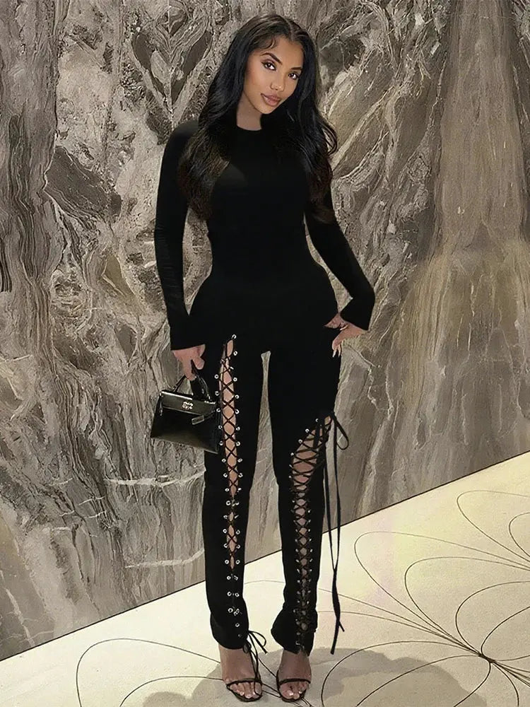 Sexy Fall Jumpsuits for Women DIY Shirring O-Neck Full Sleeve Stretch Polyester Slim Fit Ankle-Length Party Clubwear NNOS