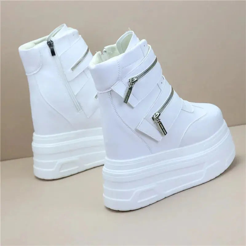 15cm Spring Autumn Women High Top Sneakers Breathable Thick Sole Chunky Sneakers Ankle Boots Platform Booties Wedge Boots White NNOS