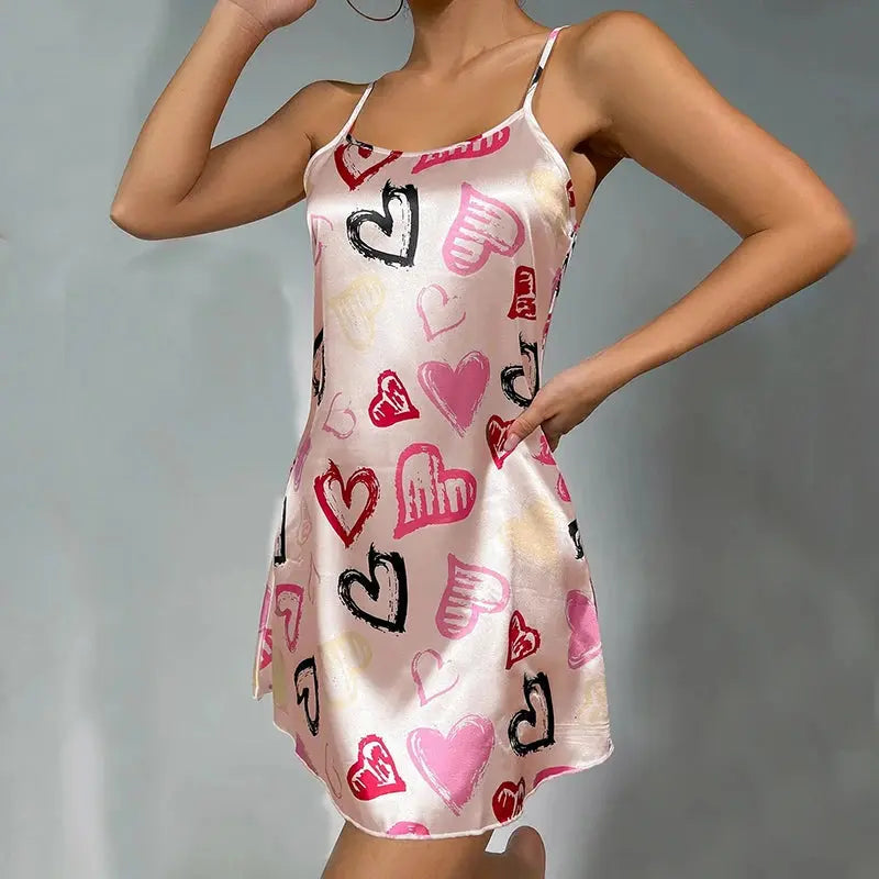 Women's Sleepdress Satin Floral Print Nightdress Comfortable Spaghetti Strap Sleepwear Dress Luxurious Satin Slip Nightdress NNOS