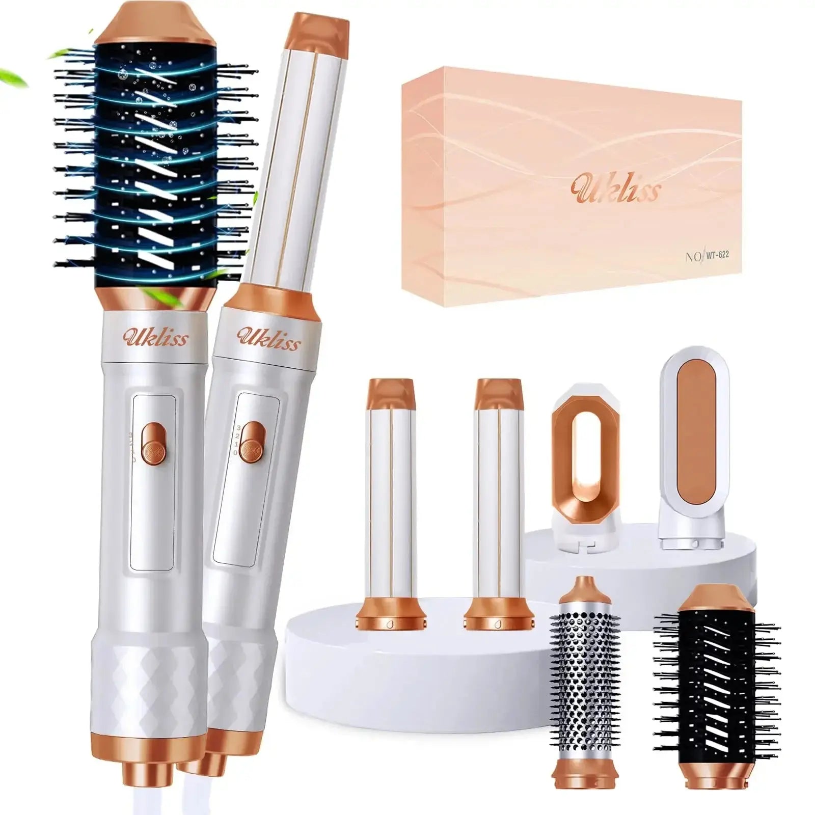 Ukliss 6 In 1 Electric Hair Dryer Brush White gold Blow Dryer Comb Hair Curling Wand Detachable Brush Kit Negative Ion Curler product image