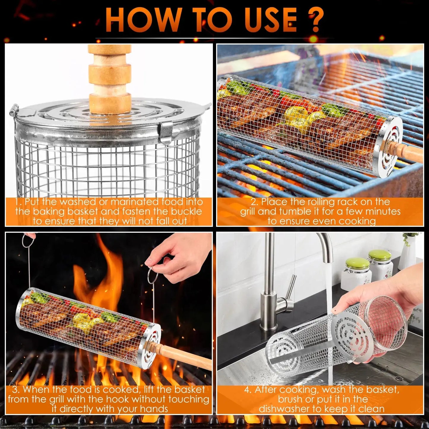 Portable Grill Basket – Stainless Steel with Wood Handle for Effortless BBQing NNOS