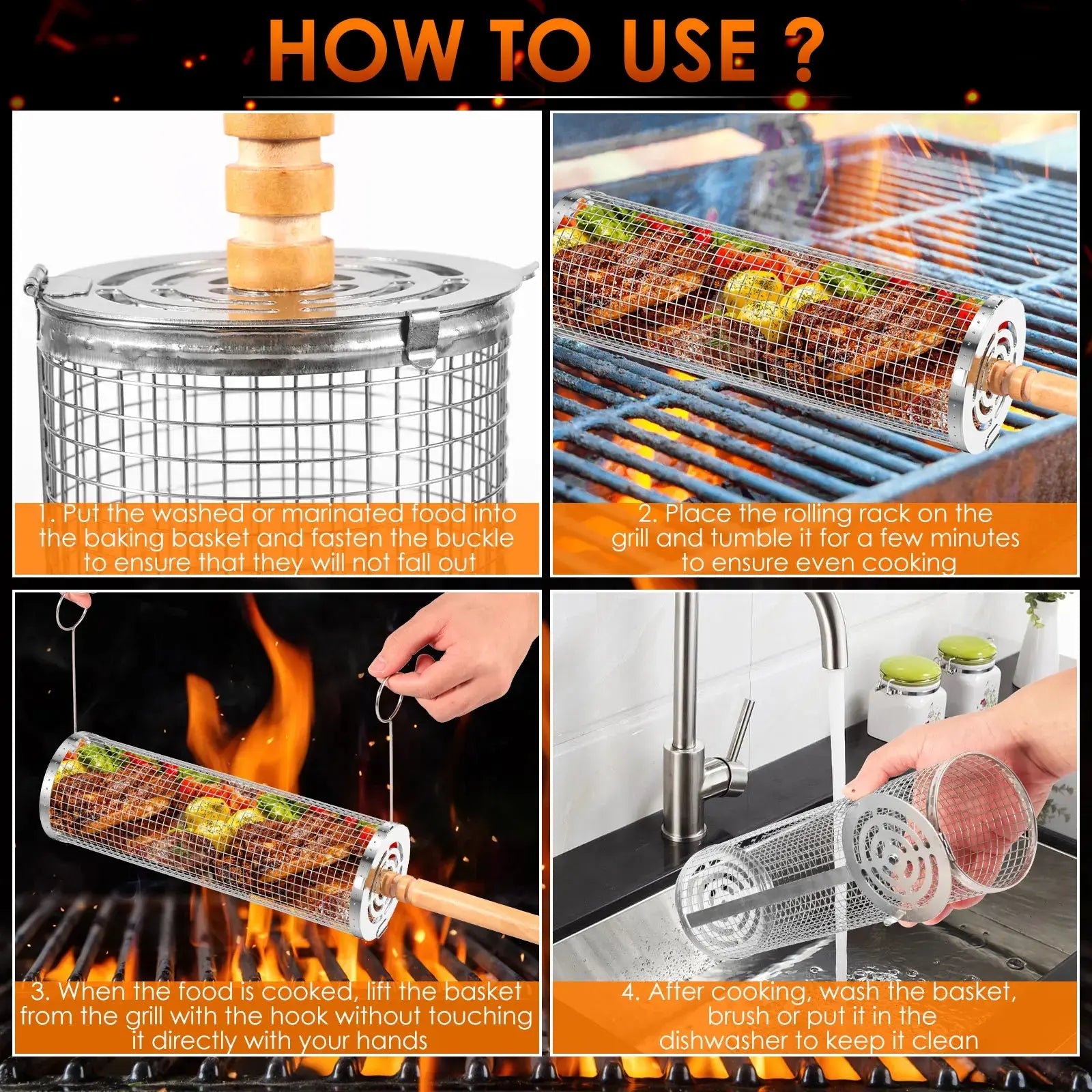Portable Grill Basket – Stainless Steel with Wood Handle for Effortless BBQing NNOS